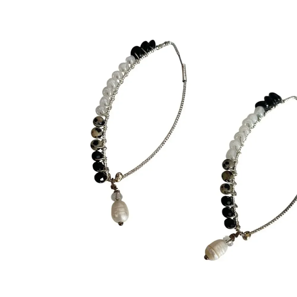 Rare Beaded teardrop Hoop Silver Earrings with pearl at the end